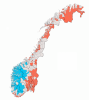 A norvég önkormányzatok megválaszthatják, melyik változatot használják hivatalos nyelvként (kék: nynorsk, piros: bokmål, szürke: semleges).