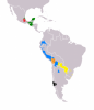 Latin-Amerika legnagyob őshonos nyelvei: sárga – guarani, kék – kecsua, narancs – ajmara, piros – nahuatl, zöld – maja, fekete – mapudungu (araukán)